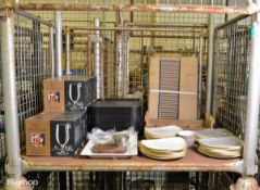 Various kitchen equipment glasses/plates/trays/rack/jug lids