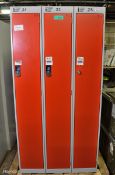 2x 3 door red lockers - L 91x W 36 x H 180cm