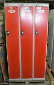 2x 3 door red lockers - L 91x W 36 x H 180cm