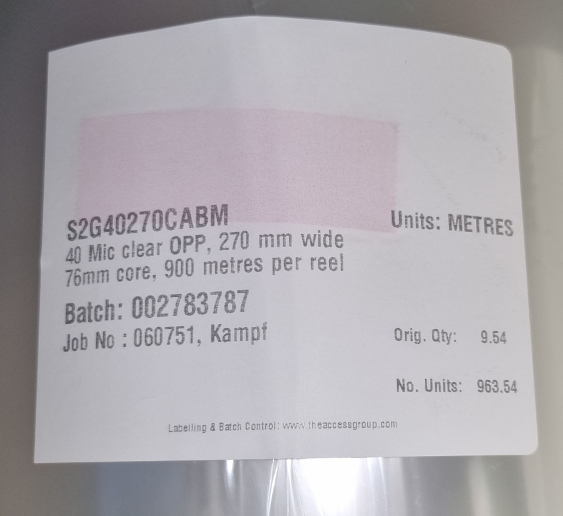 37x Rolls of 40 micron clear OPP - W270mm x 900m - Image 3 of 3