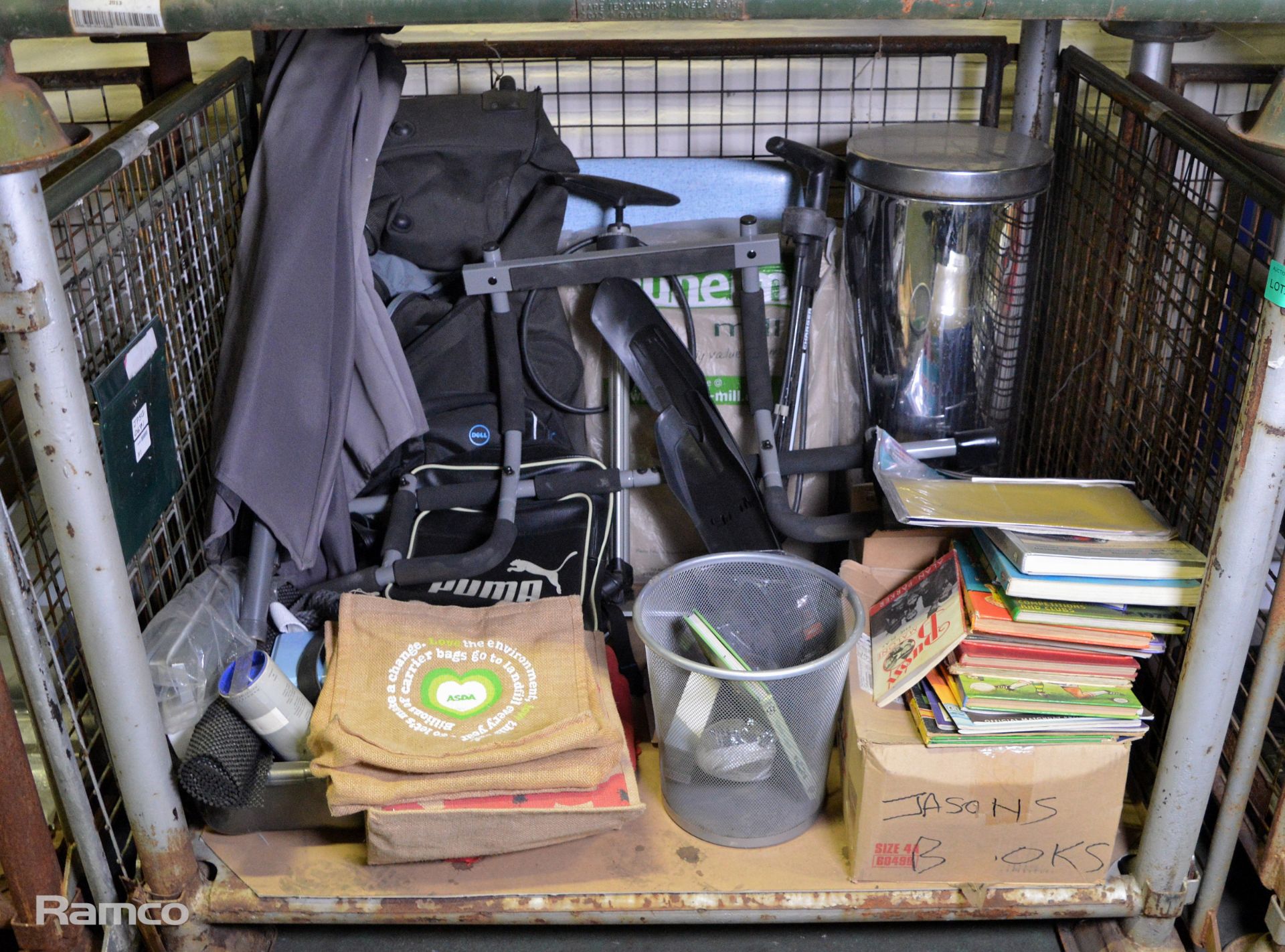 Domestic items - bin, bags, cycle stock, foot pump, books