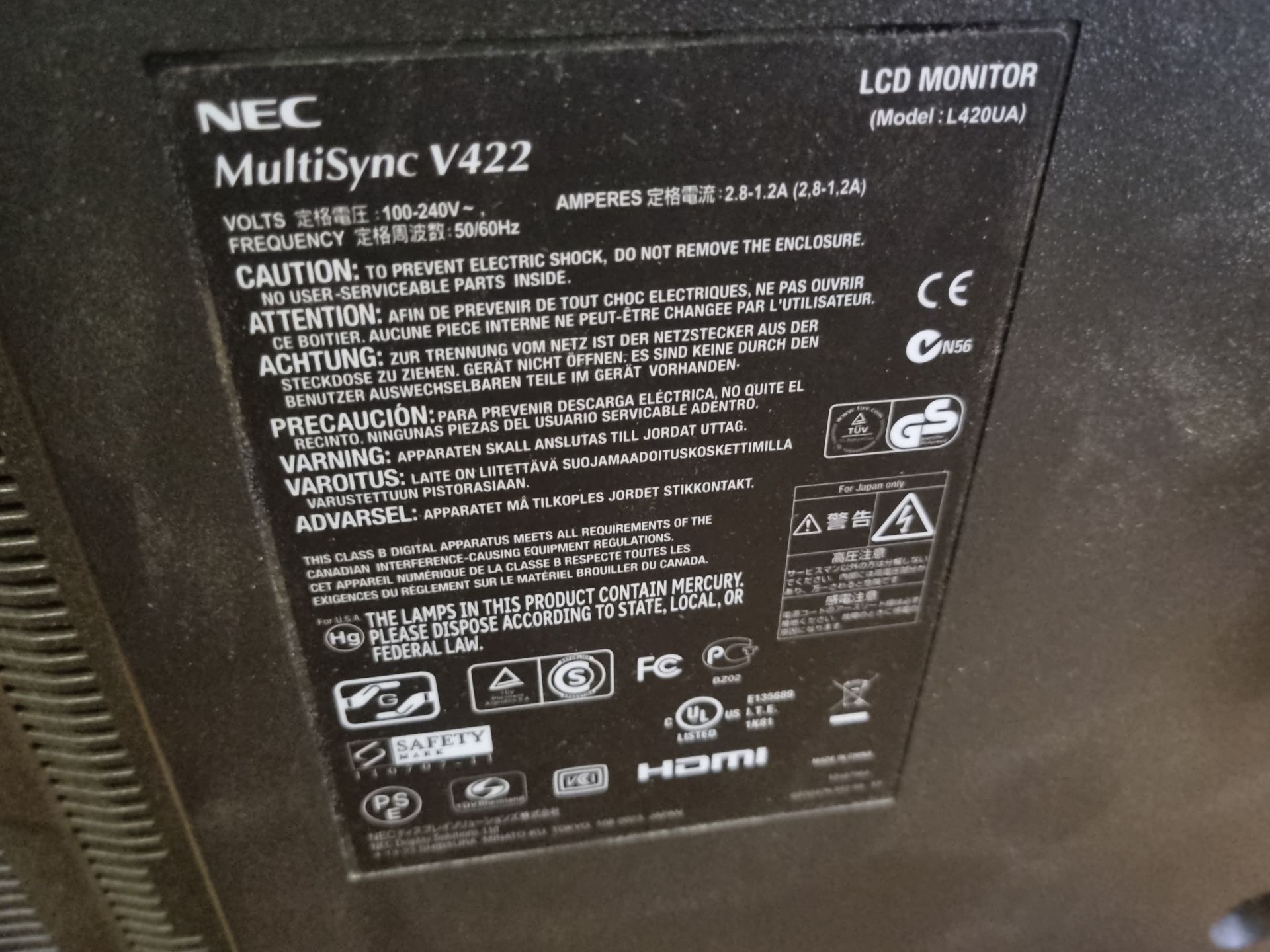 NEC Multisync V422 L240UA LCD Monitor 42 Screen - Image 5 of 5
