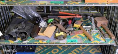 Various small hand tools - wooden mallet, bolt cutter, stencils, caliper