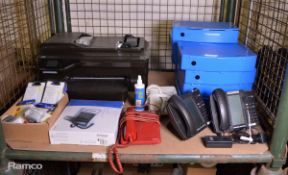 Assorted office equipment - HP printer, plastic file box, phones