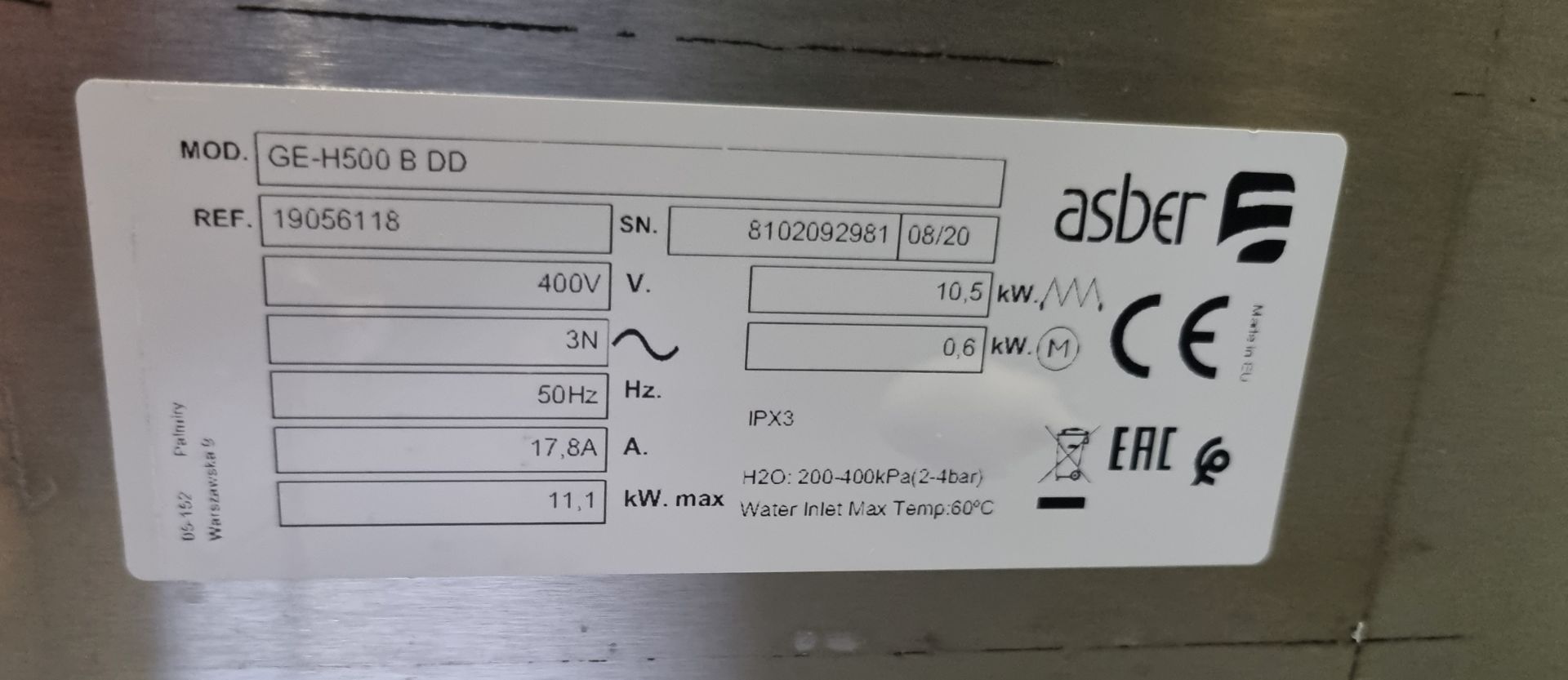 Asber GE-H 500 B DD hooded passthrough dishwasher 70 x 70 x 145 - Image 4 of 6