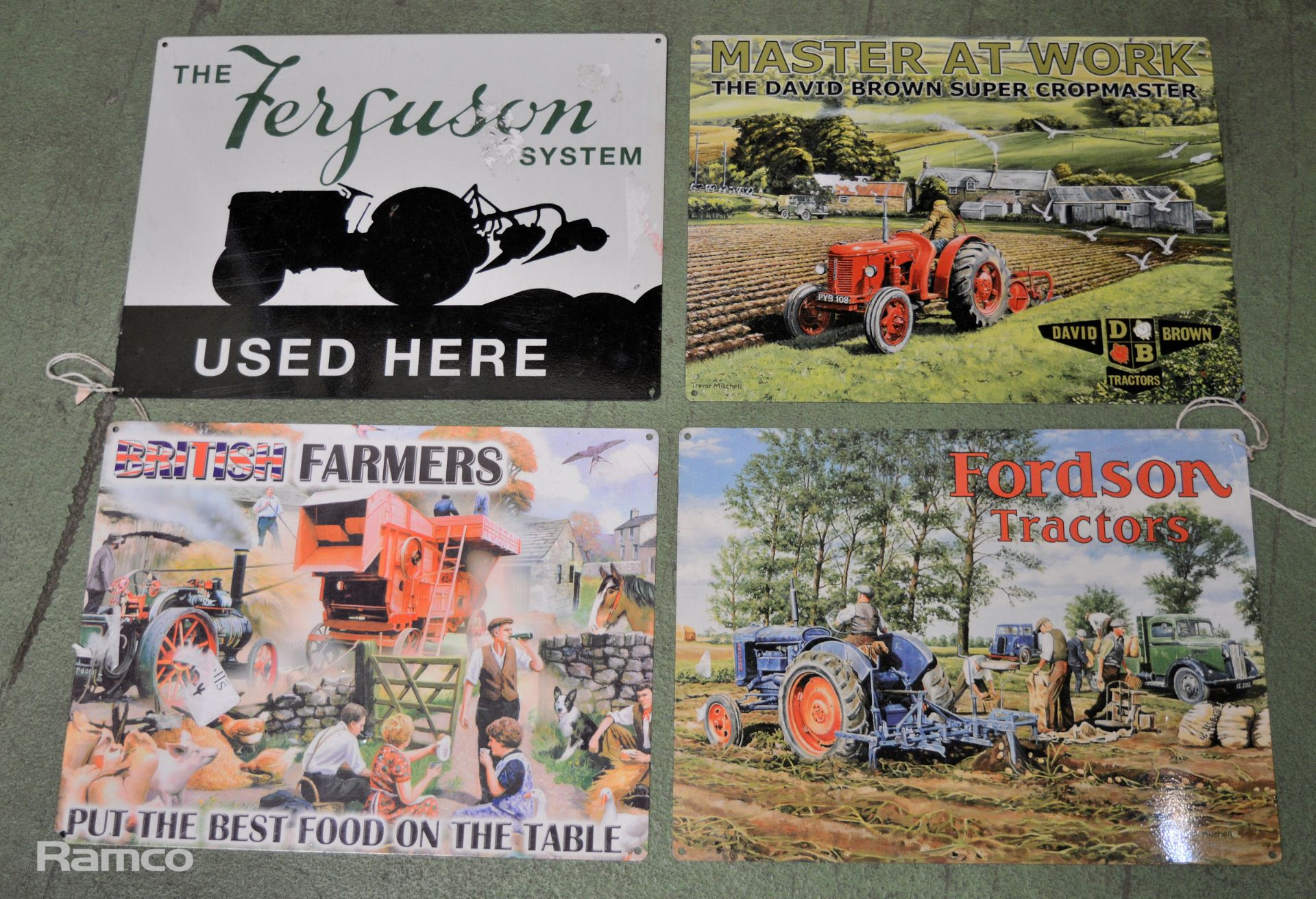 4x 400mm x 300mm tin signs - British Farmers, Fordson Tractors, Master at work & The Ferguson system