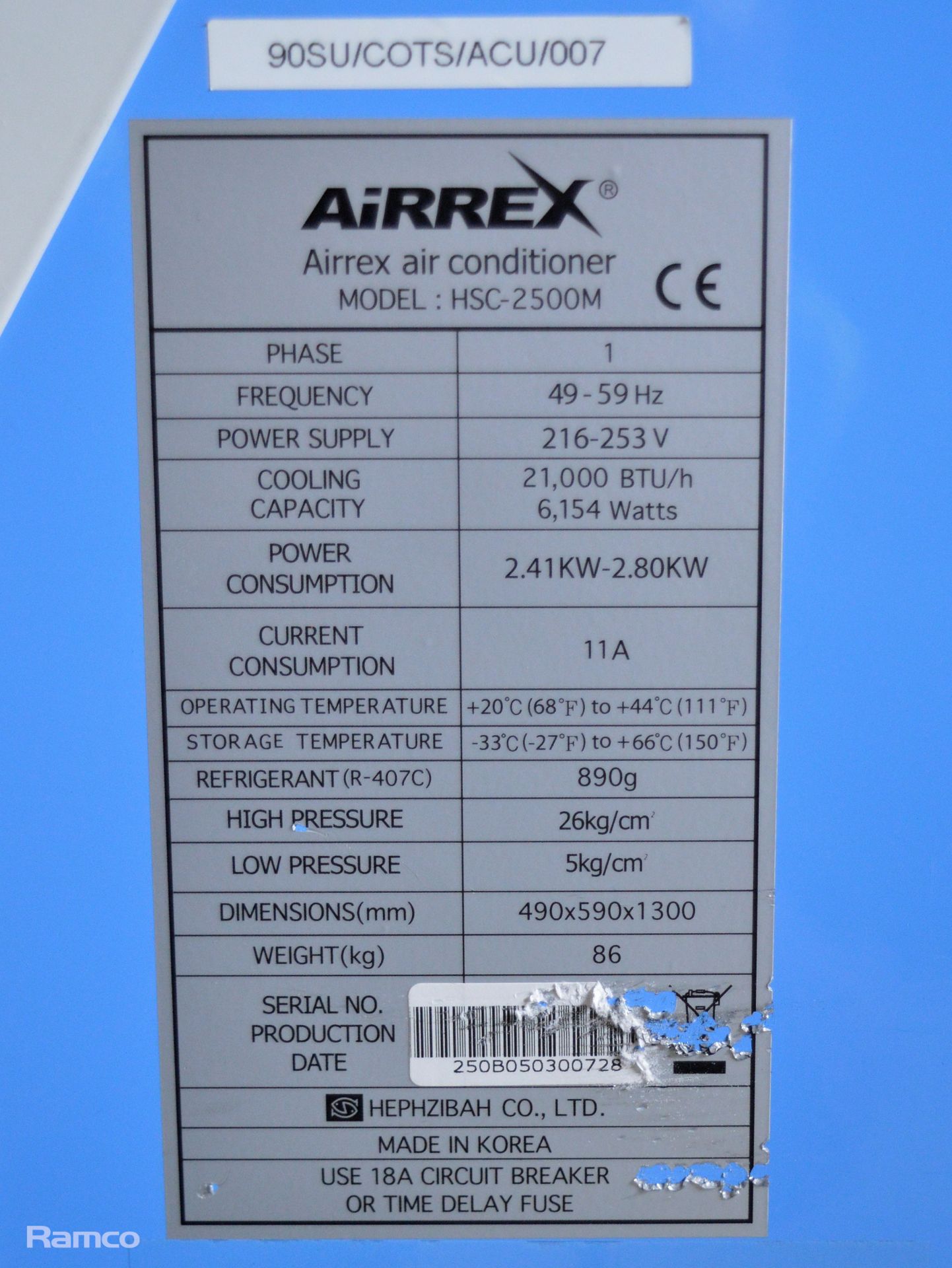 Airrex Aircon Portable air conditioning unit - HSC-2500M - cased L 82 x W 64 x H 172cm - Image 6 of 6