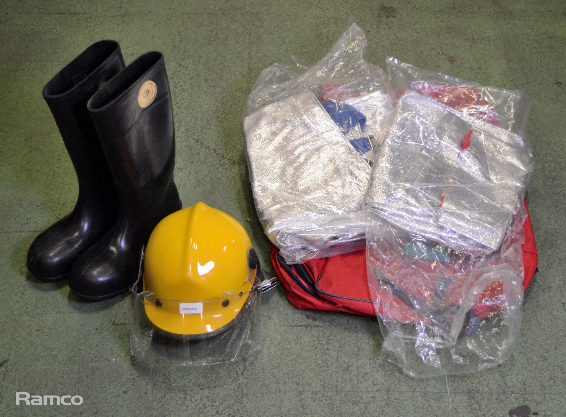 Firefighter equipment - Helmet & Wellington boots (size 10)