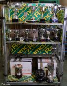 Box of assorted engraved trophies, cups and plates