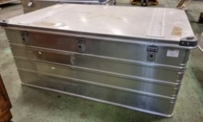 Stacking aluminium storage case, 3 clasps, 4 handles, rubber seals on lid -120x80x50