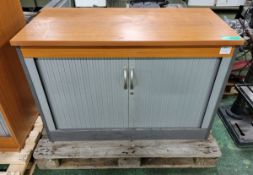 Wooden Grey Base Teak Top Storage Cupboard with roller doors - No Keys 107x52x73cm