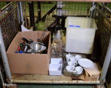 Kitchen utensils, mugs, glass jars, mobile plastic bin, kitchen equipment