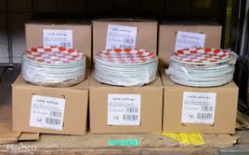 9x Boxes of 12 red check/green rim coupe plates 20.25cm/8" diameter
