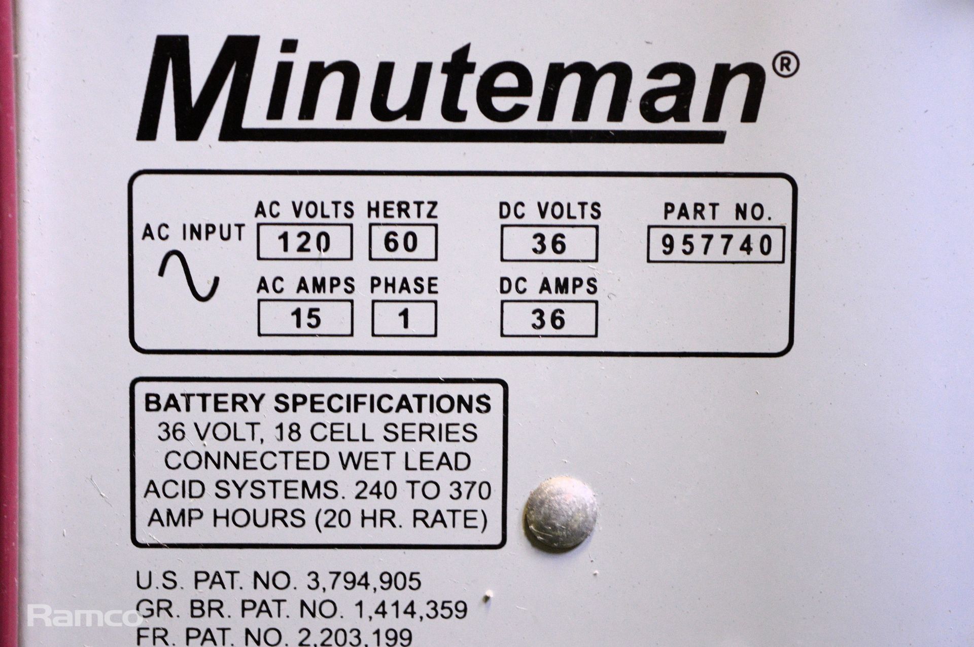 Minuteman 536R industrial battery charger 120 AC 15 amps 1ph DC 36 volts 36 amps - Image 3 of 5