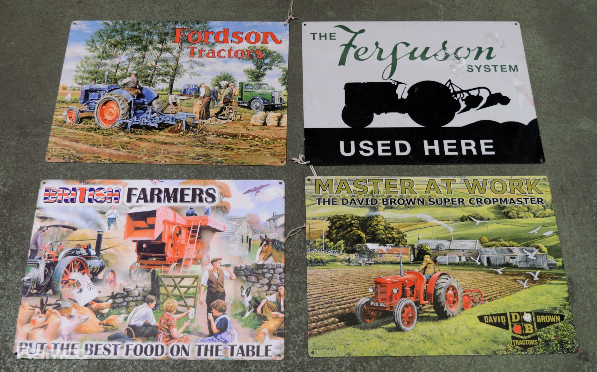 4x 400mm x 300mm tin signs - British Farmers, Fordson Tractors, Master at work & The Ferguson system