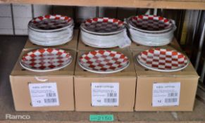 6x Boxes of 12 red check/green rim coupe plates 20.25cm/8" diameter