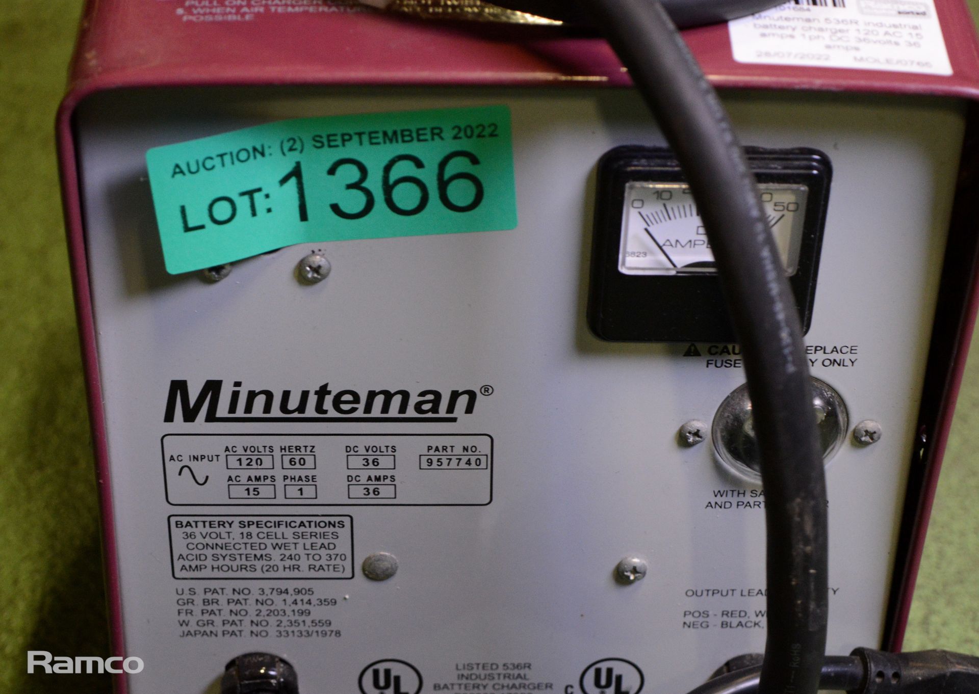 Minuteman 536R industrial battery charger 120 AC 15 amps 1ph DC 36 volts 36 amps - Image 2 of 5