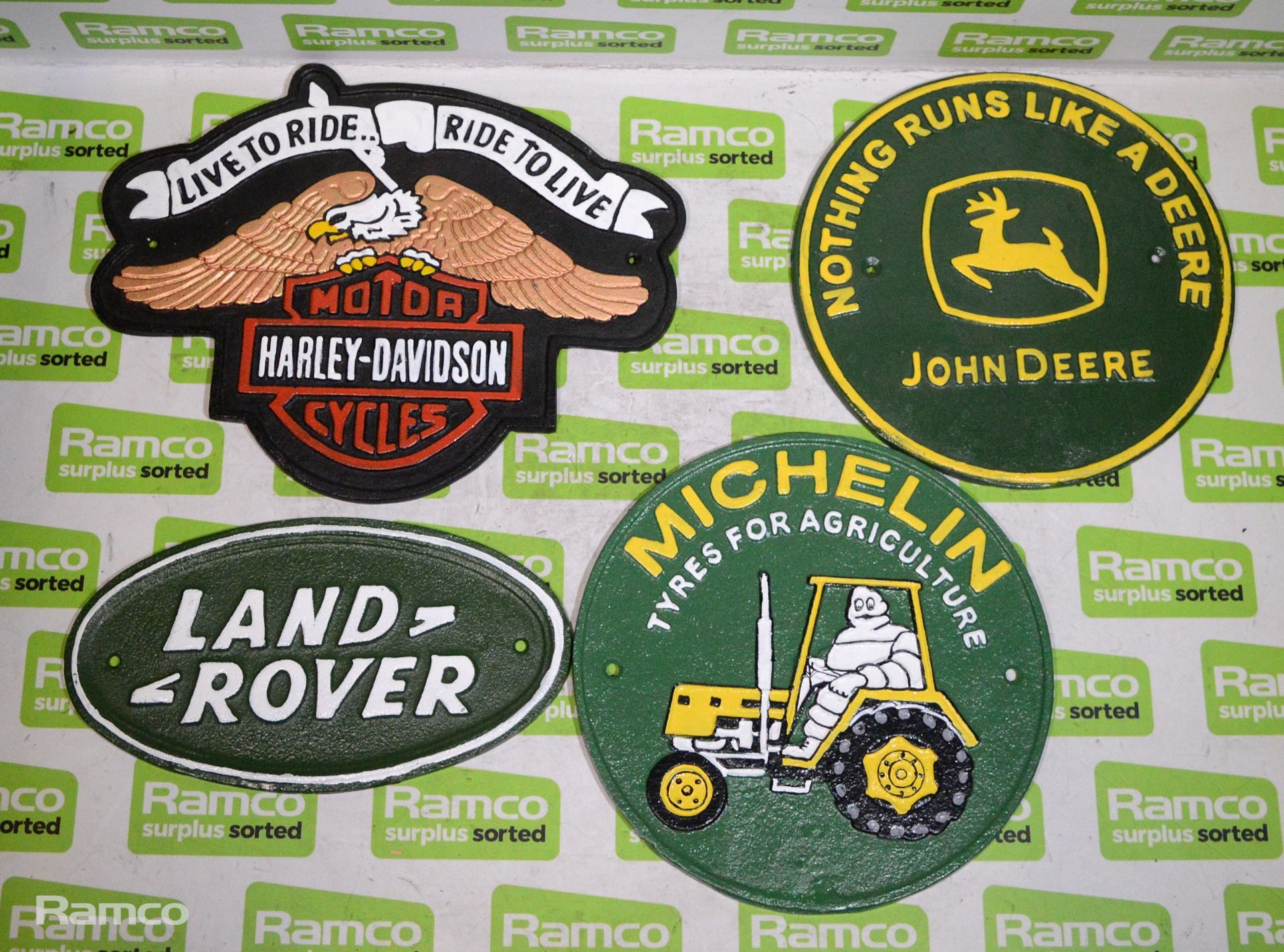 Harley Davidson Cast Sign, Land Rover, John Deere & Michelin Cast Signs