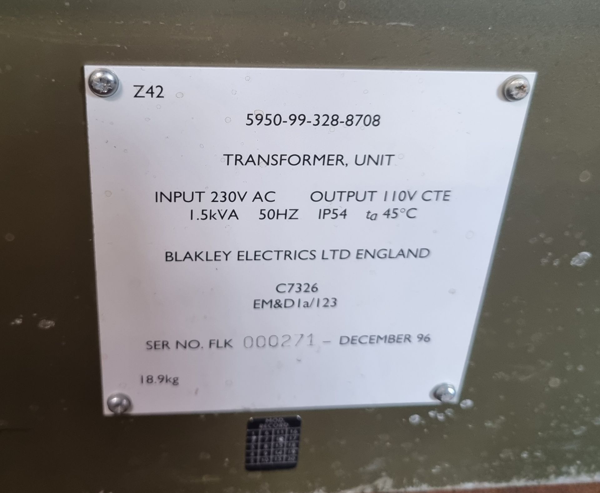 Blakley C7326 transformer Input : 230v - Output 110V CTE 1.5kVA IP54 - Image 3 of 3
