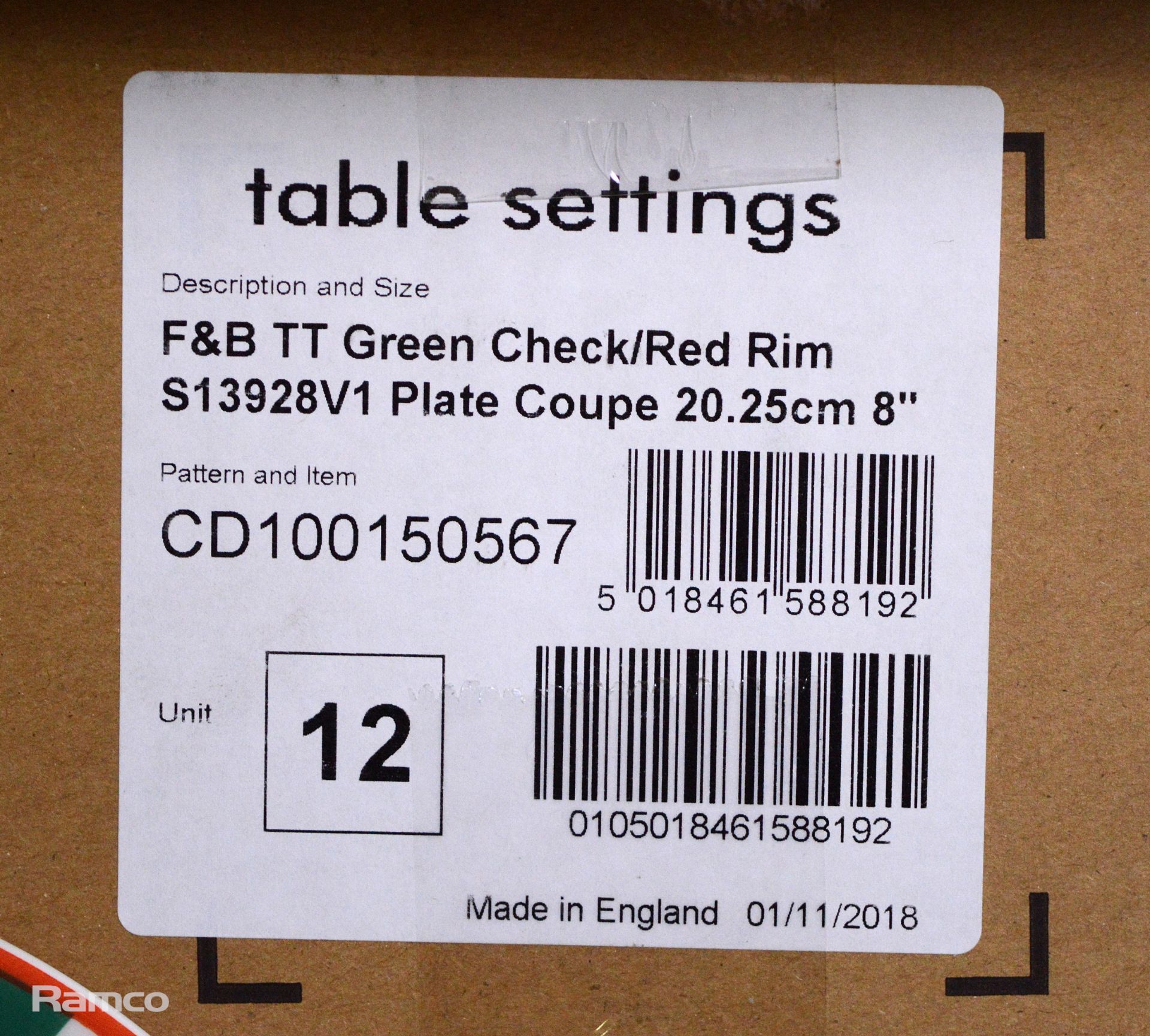 6x Box of 12 green check/red rim coupe plates 20.25cm/8in diameter - Image 3 of 3