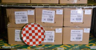 6x Box of 12 red check/green rim coupe plates 20.25cm/8in diameter