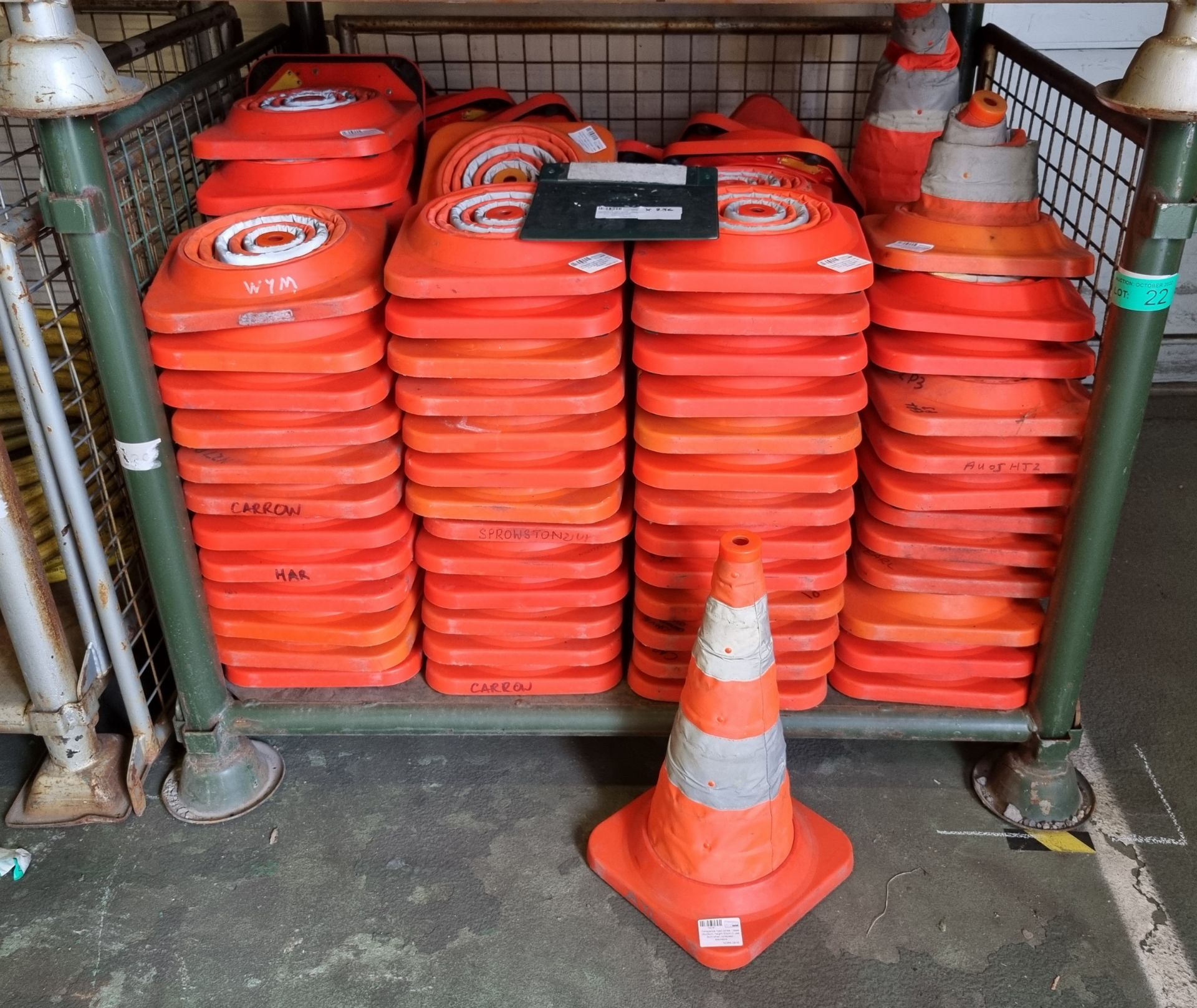 256x Collapsible road cones - base 28x28cm, height 50cm in use, 8cm when collapsed - stackable