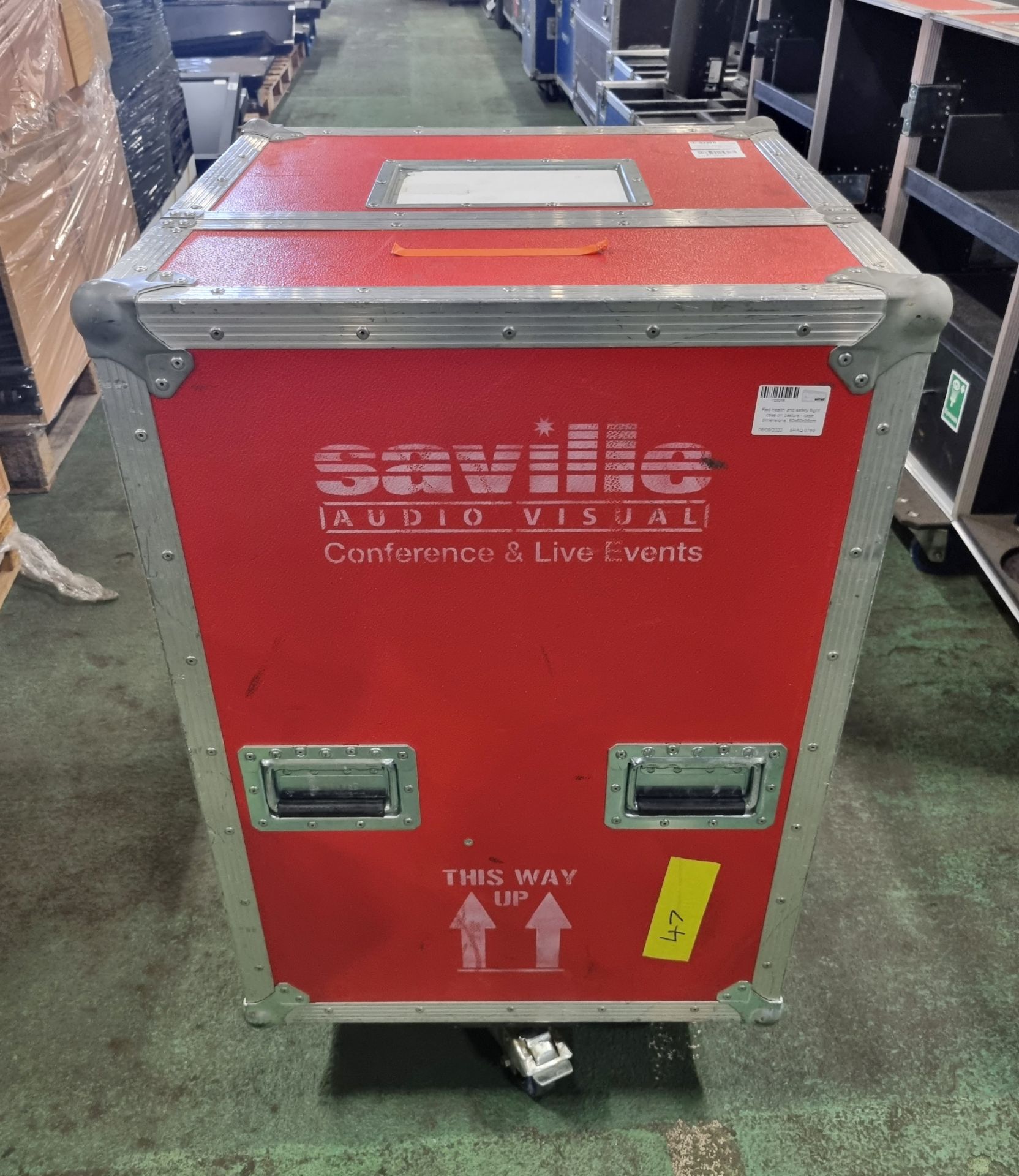 Red health and safety flight case on castors - case dimensions: 60x60x96cm