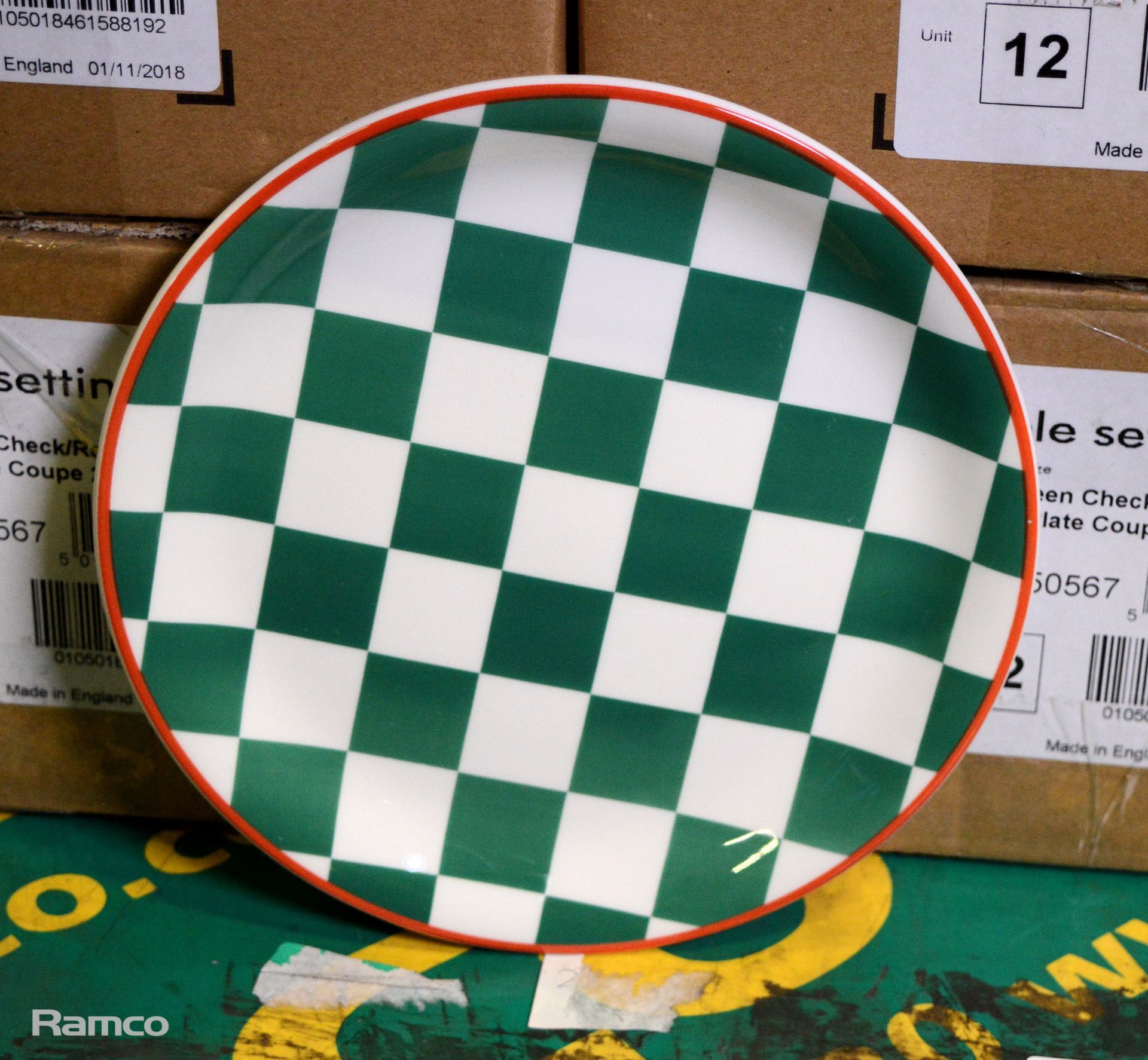 6x Box of 12 green check/red rim coupe plates 20.25cm/8in diameter - Image 2 of 2