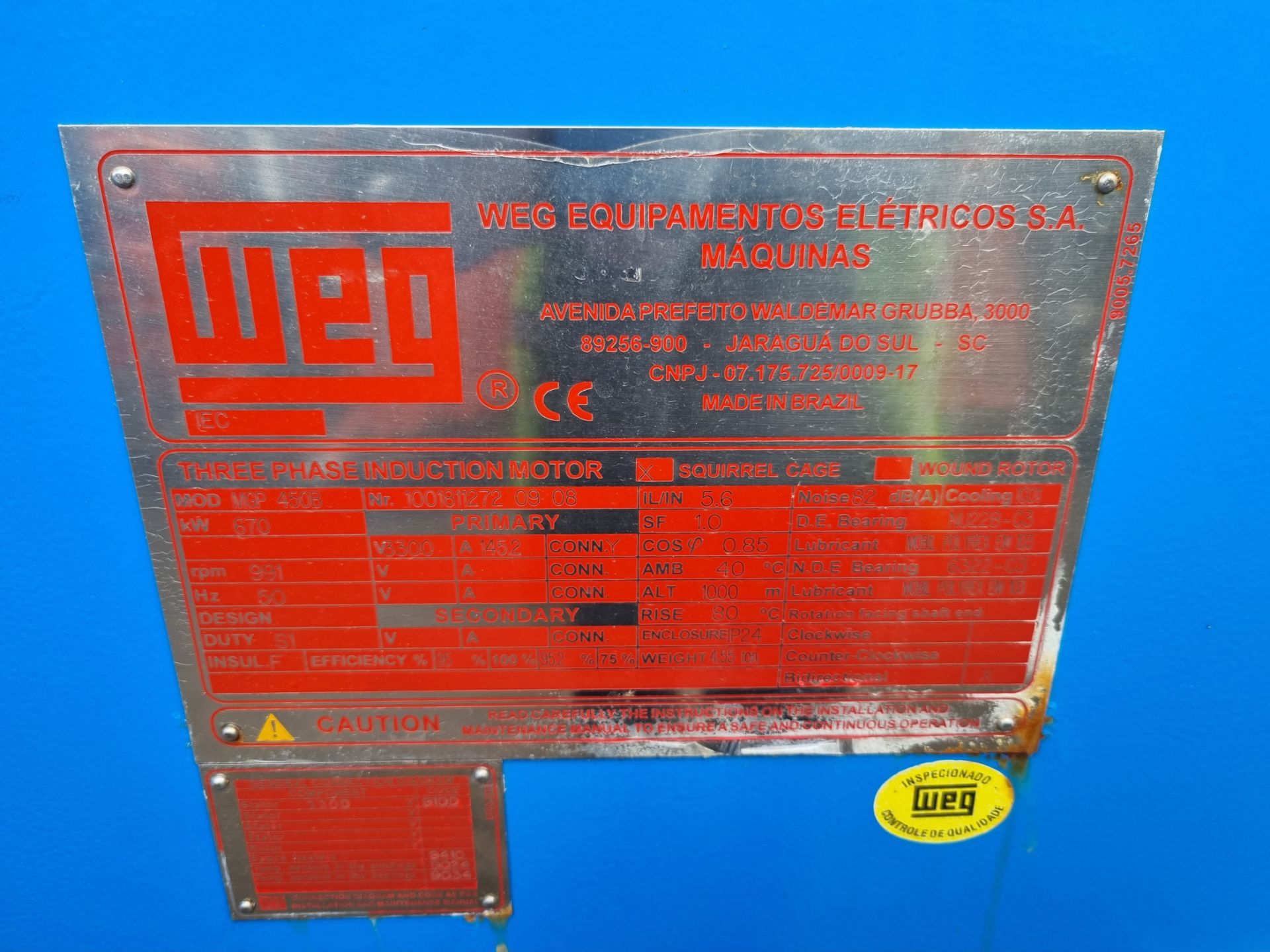 WEG MGP 450B three phase induction motor 670Kw 991 rpm - L188W185xH198cm - Image 6 of 6