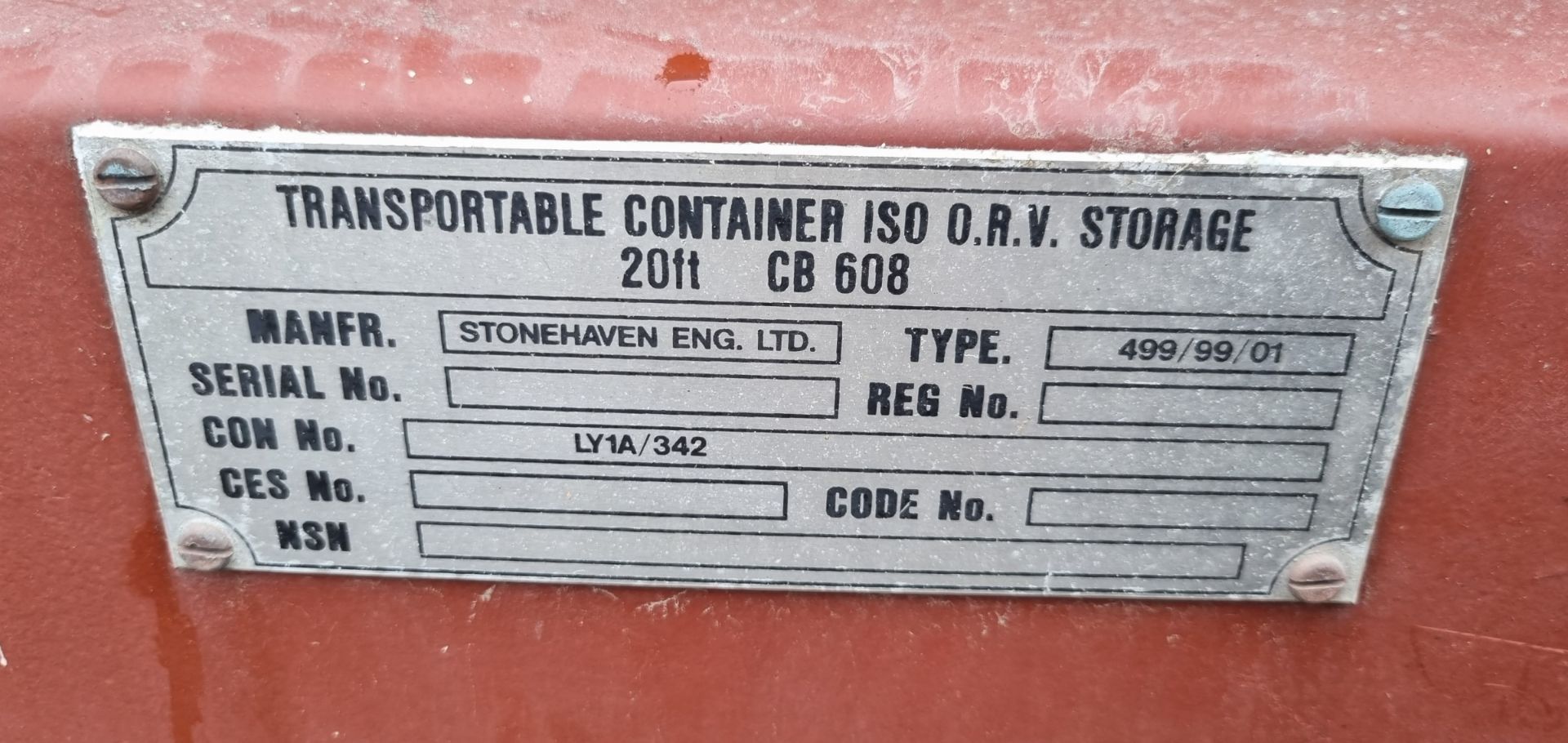 Stonehaven Engineering Ltd transportable storage container ISO 499/99/01 - dimensions: 20ft x 8ft x - Image 4 of 6