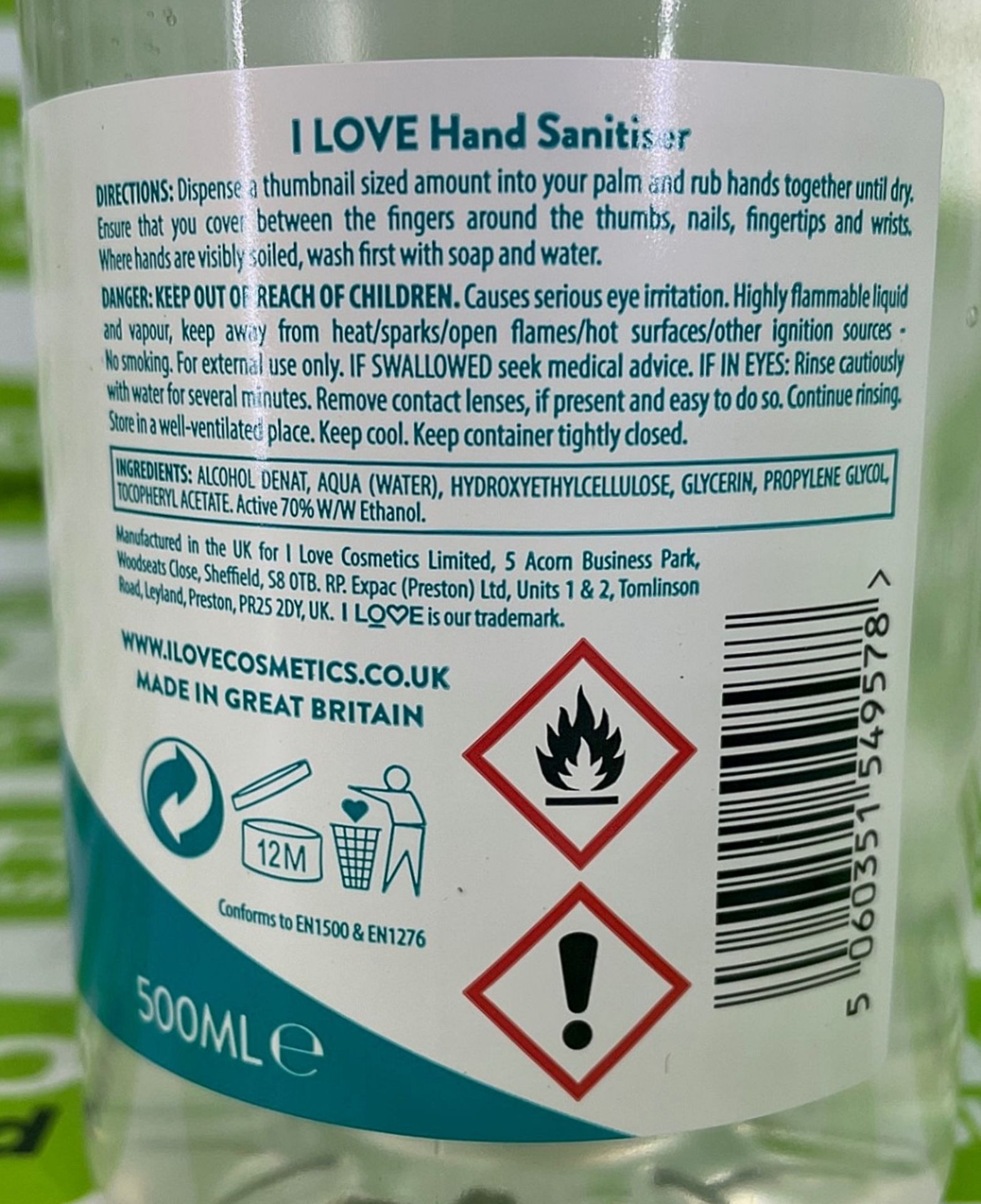 20 x pallets of I Love Hand Sanitiser 500ml - est. total qty 28224 - location LE67 1GQ - PPE - Image 2 of 2