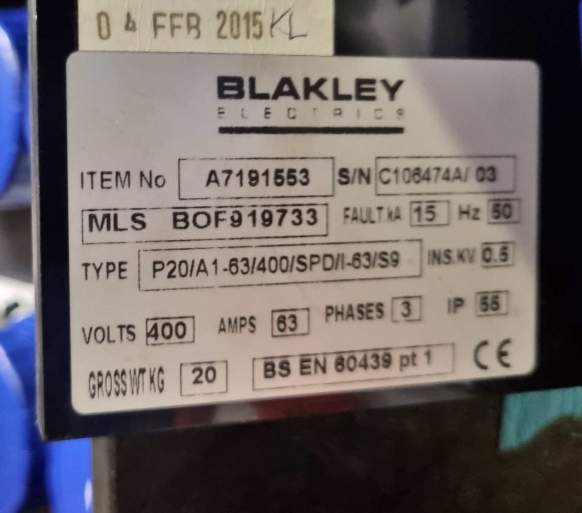 Blakely P20/IDA 63A 3x63A 3x16A 230V distribution panel - Image 2 of 3