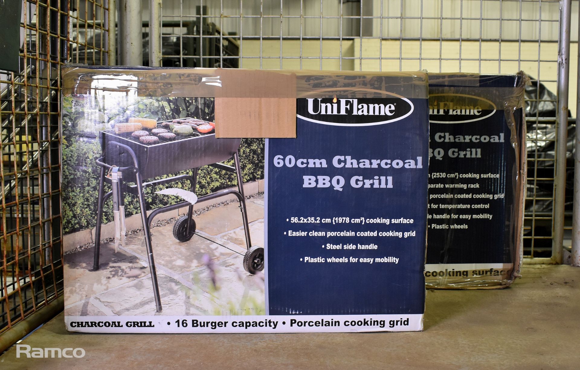 UniFlame 60cm charcoal BBQ grill and 75cm charcoal BBQ grill - boxed unchecked