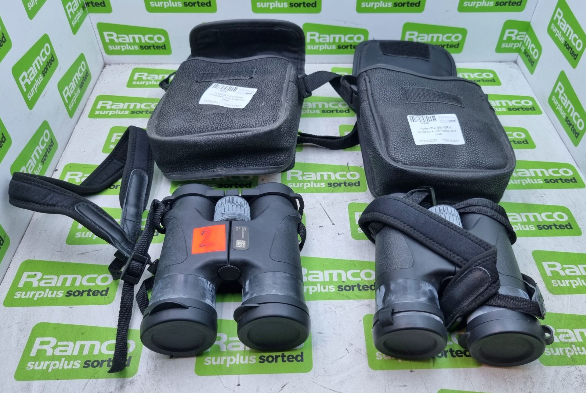2x Pyser-SGI E8x42RM binoculars, with strap and case