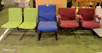 5x Padded Office chairs - 1 blue, 2 red, 2x Green padded chair - 62x48x82cm