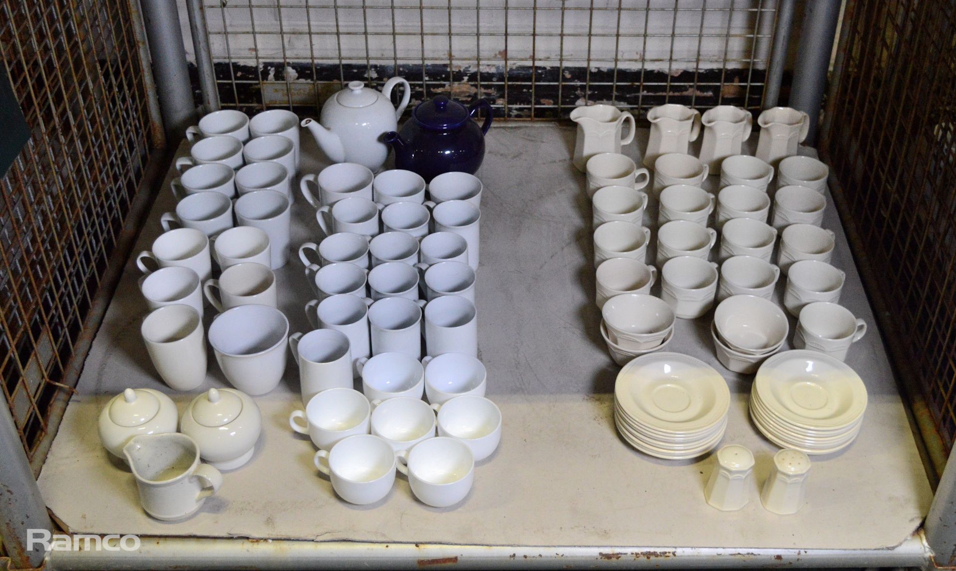 Steelite International ivory crockery: cups, saucers, milk jugs and bowls