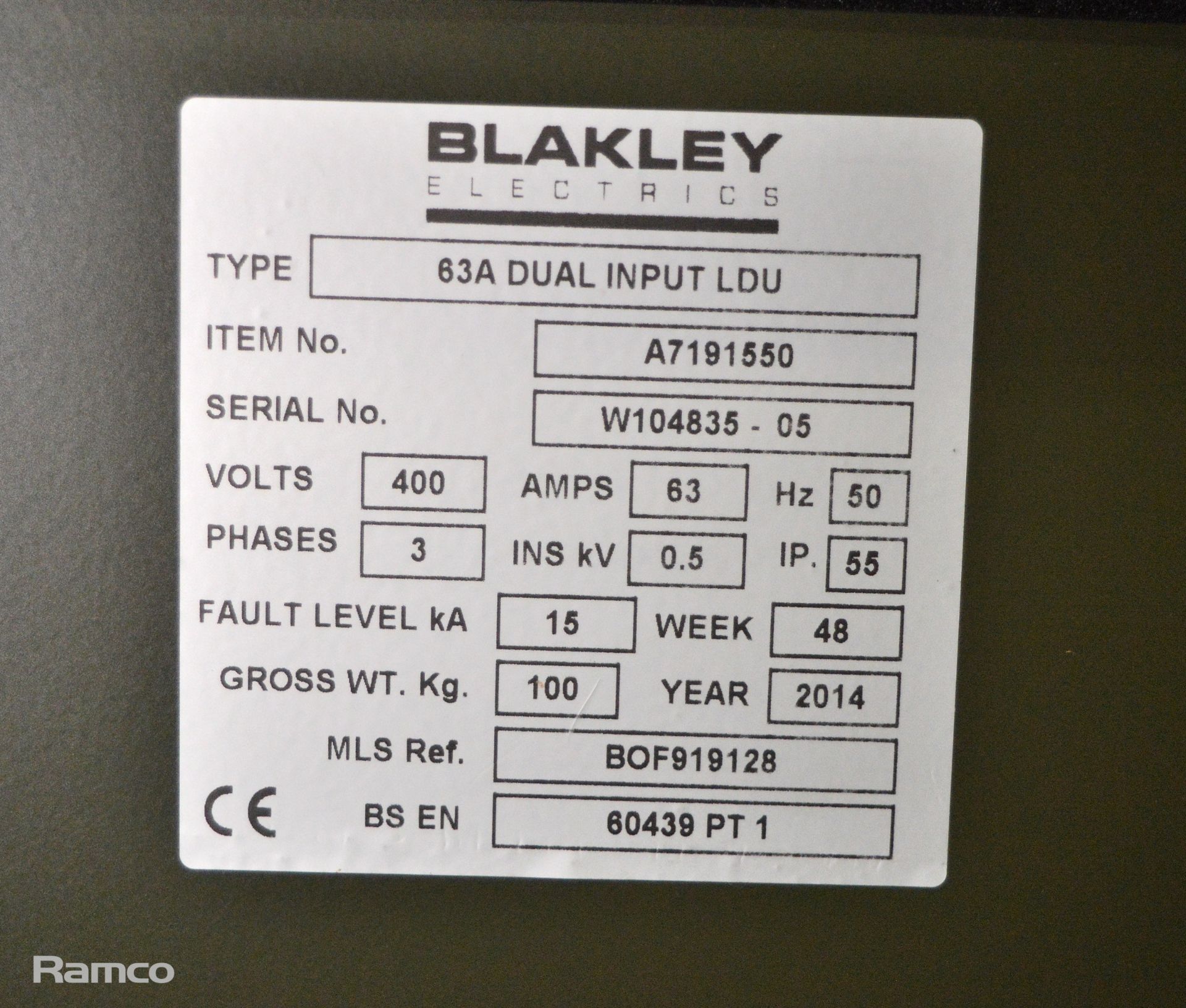 Blakely A7191550 63A Dual Input Local Distribution Unit (LDU) - 3 phase - 400v - 63A - 50Hz - 2014 - Image 5 of 5