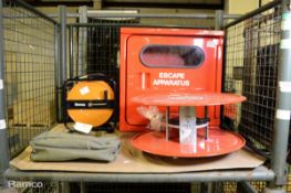 JoBird red fibreglass apparatus Cabinet, Angus Model 2 manual fixed fire hose reel with accessories