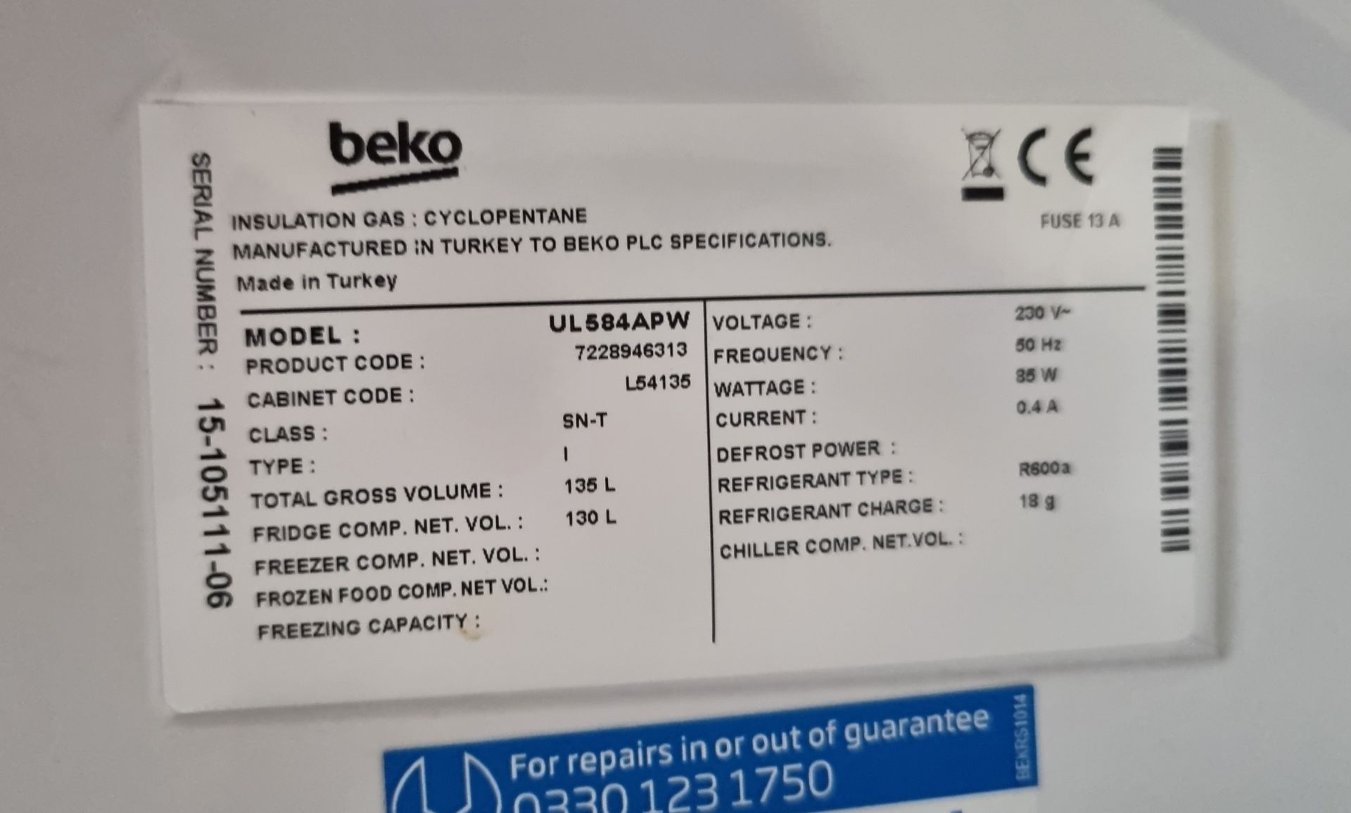 Beko UL584APW under counter fridge - Image 4 of 4