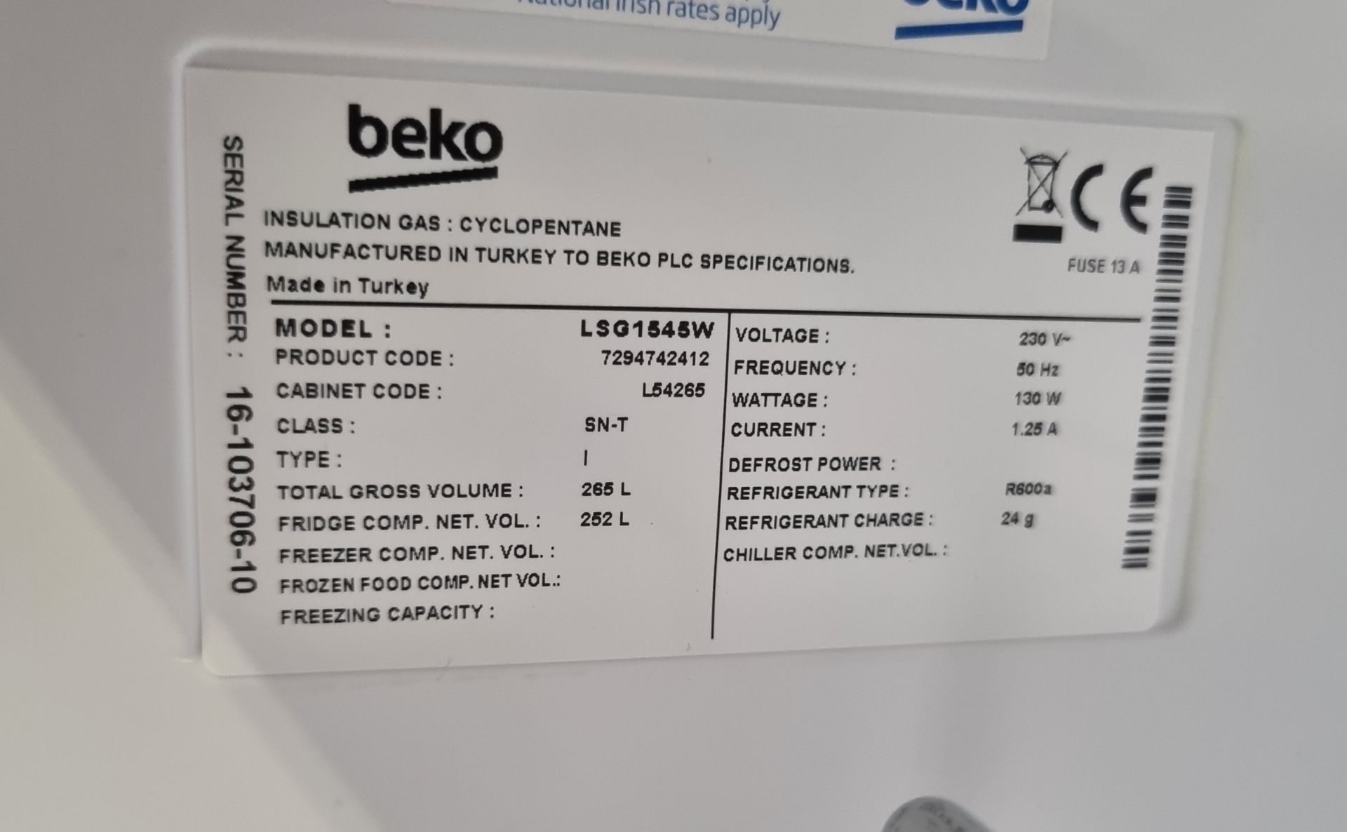 Beko LSG1545W freestanding tall larder fridge - Image 4 of 4