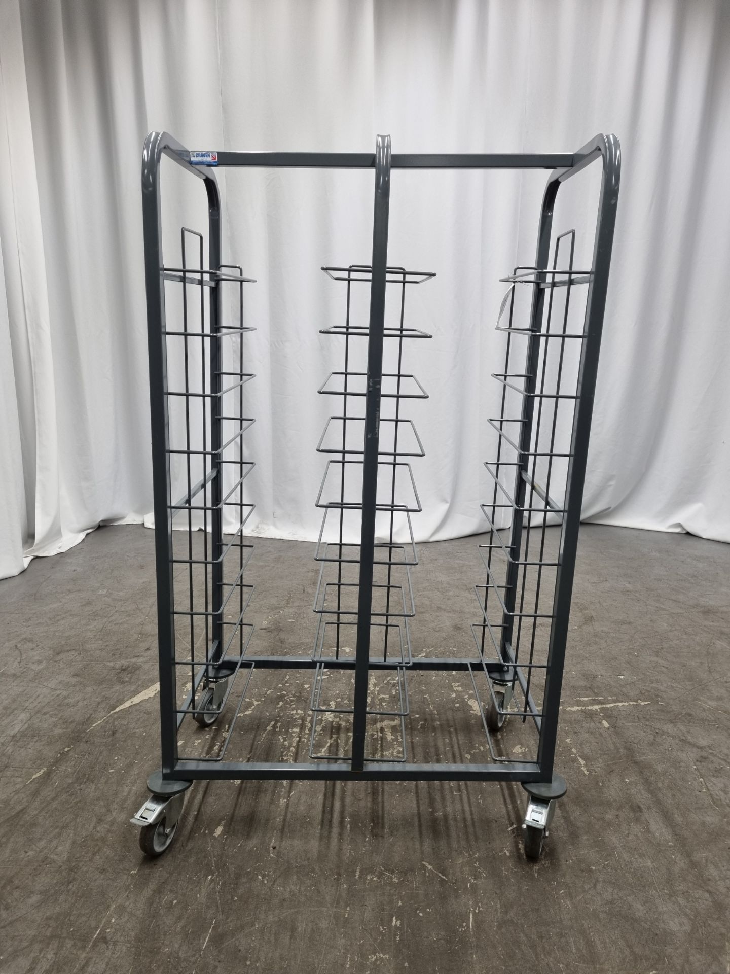 Brushed steel twin tray catering racking on wheels