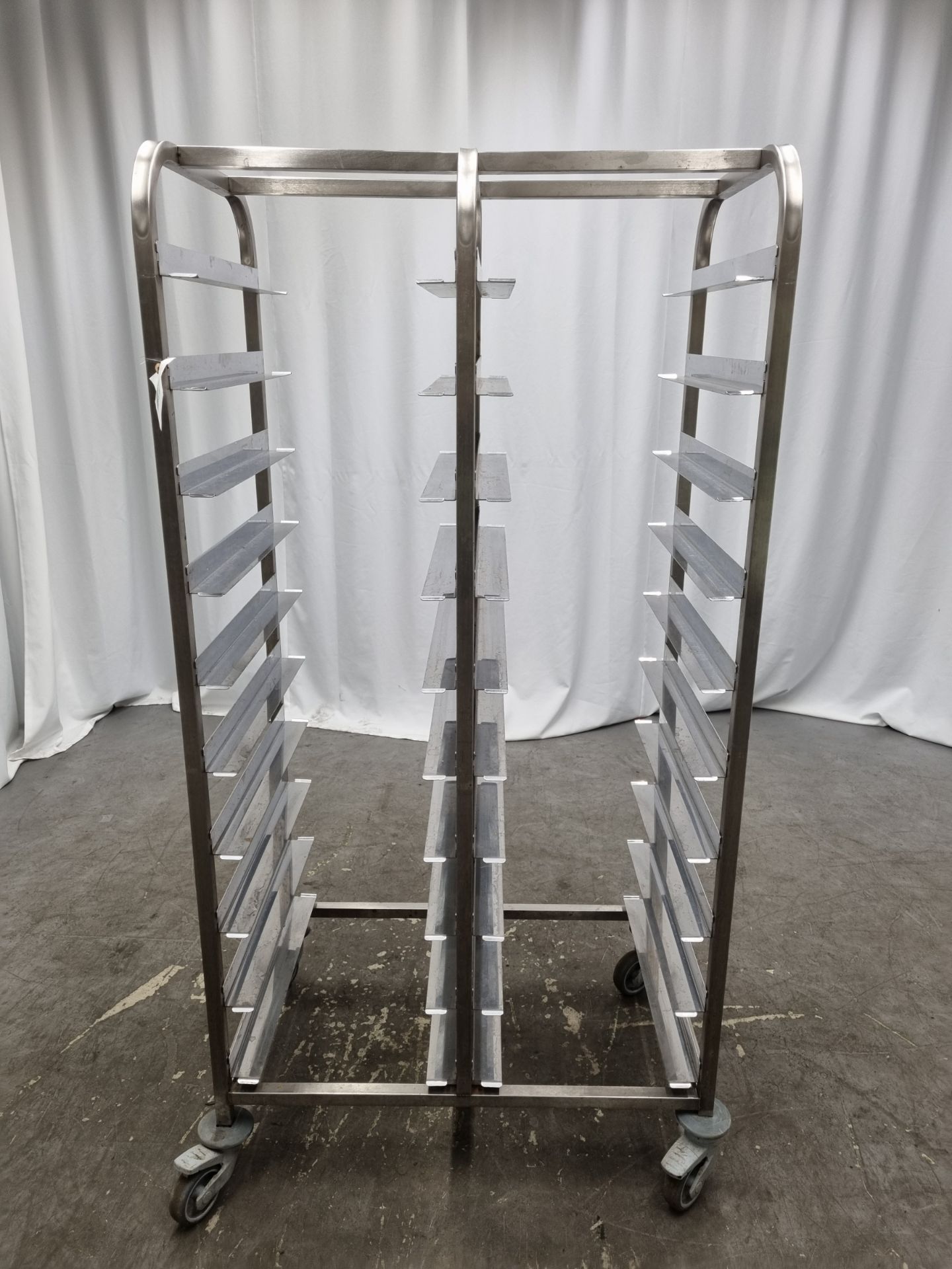 Stainless steel twin tray catering racking on wheels