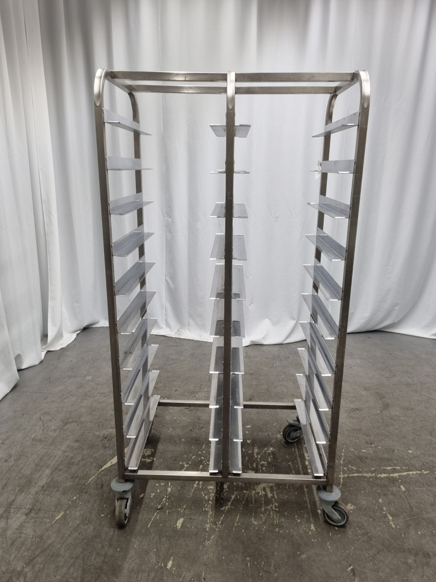 Stainless steel twin tray catering racking on wheels - Image 3 of 4