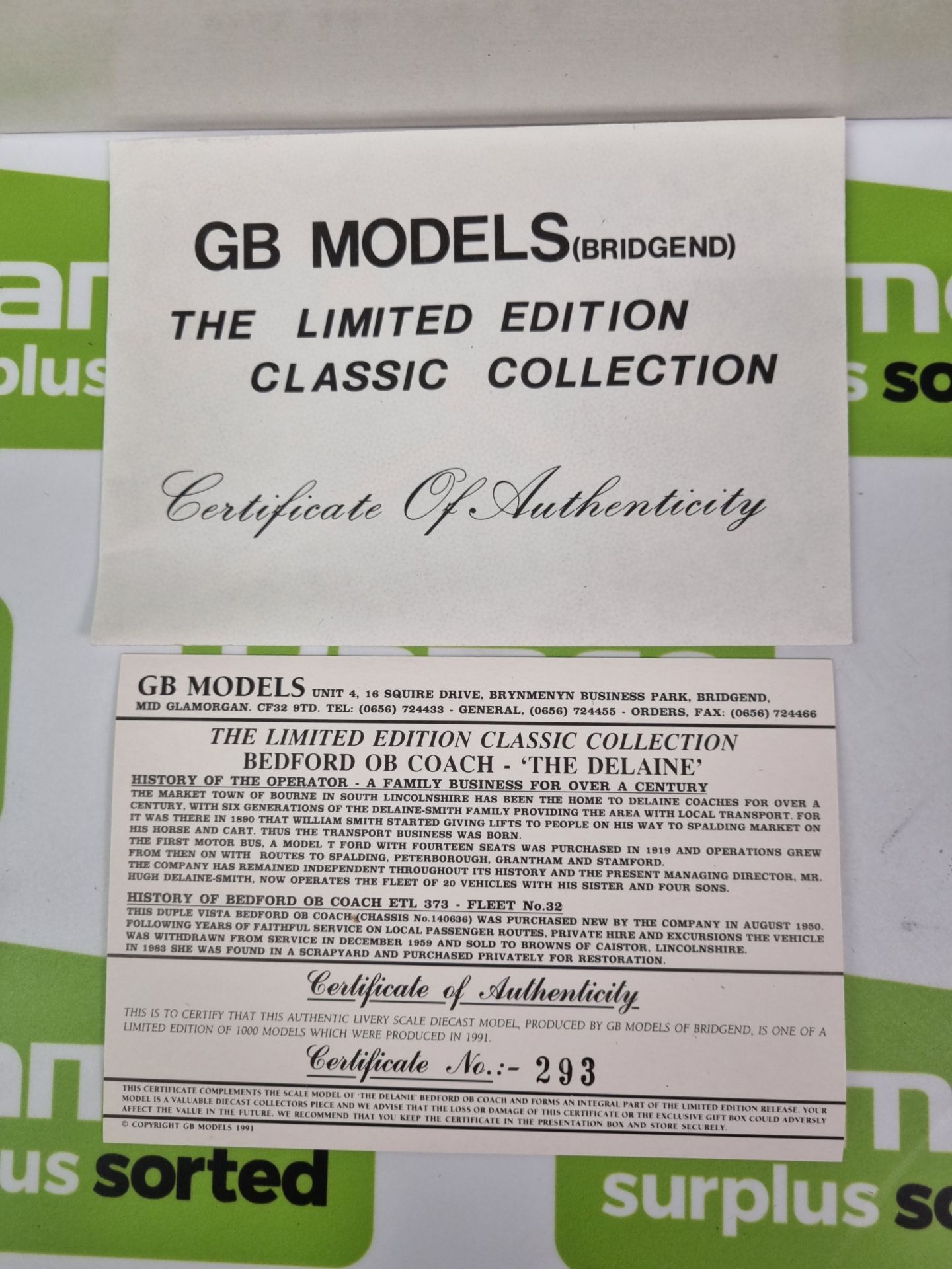 GB Models LEC 01 - Certificate No. 293 - Bedford OB Coach - 'The Delaine' - 1:43 to 1:50 scale model - Image 6 of 9