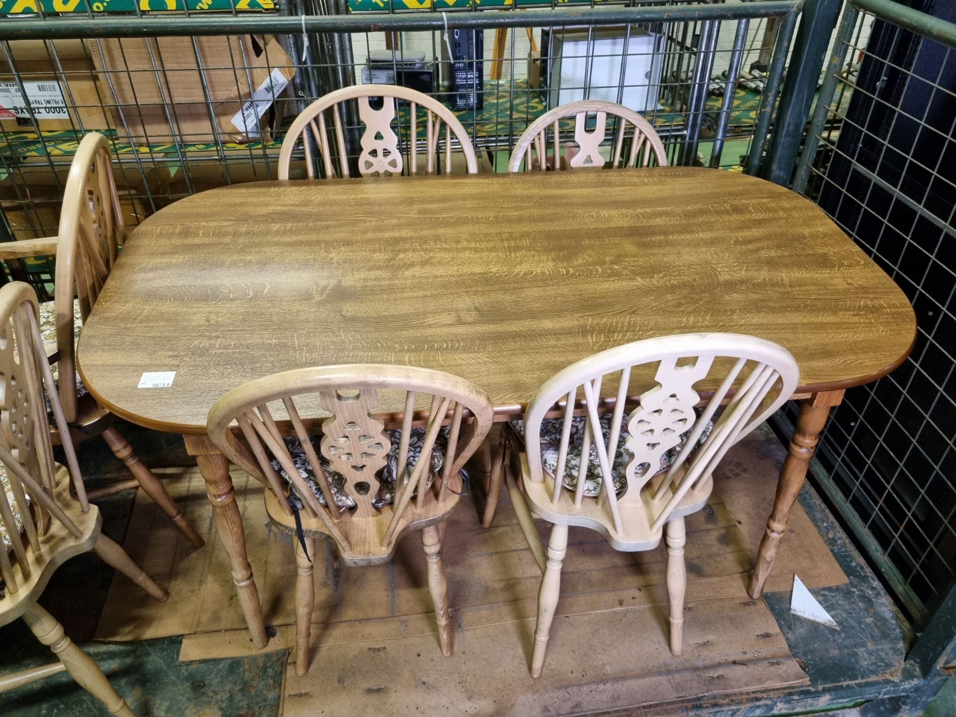 Wooden dining table and chair set with tapestry style cushions - table dimensions: 152 x 83 x 72cm - Image 2 of 7