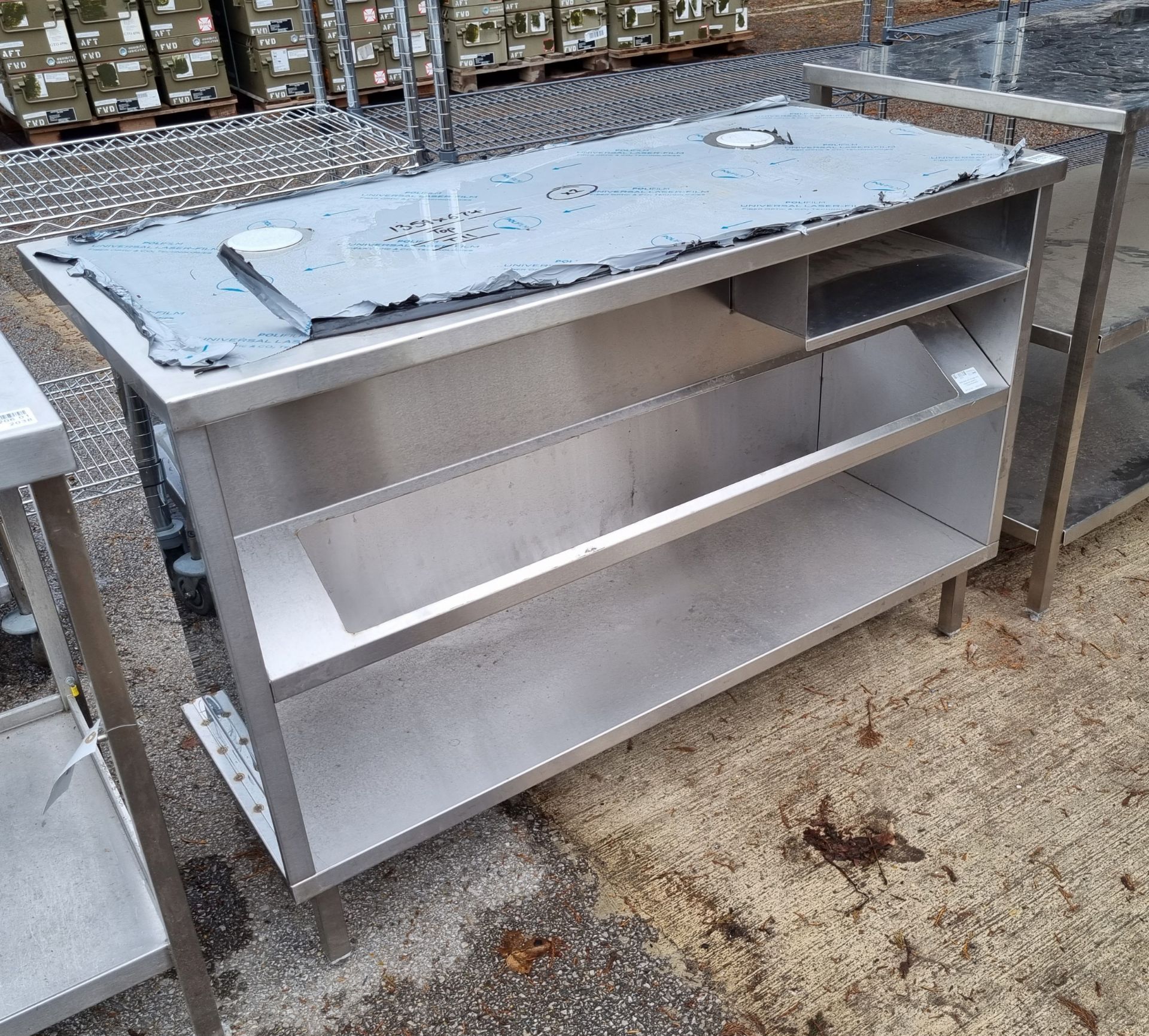 Stainless steel table with storage and dispenser shelving - L 130 x W 60 x H 86cm - Image 2 of 2