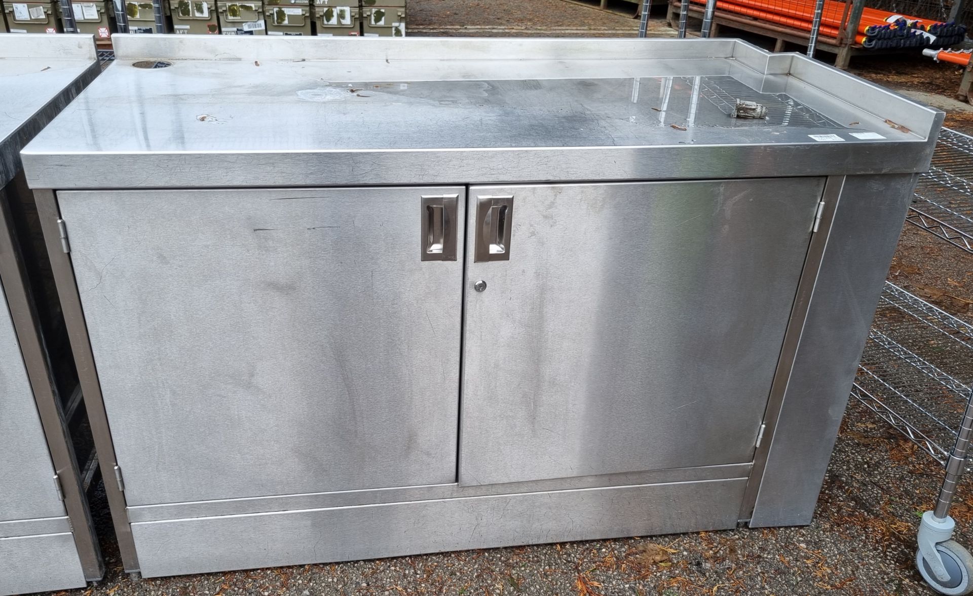 Stainless steel floor cupboard with upstand - dimensions: 150 x 70 x 96cm