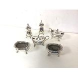 20A group of Epns, some marked Mappin & Webb including two pepperettes (8cm), two salt cauldrons and