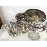 An assortment of Epns including lidded serving dishes, fitted handle pierced basket, flower bowl,