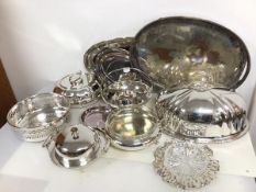 An assortment of Epns including lidded serving dishes, fitted handle pierced basket, flower bowl,